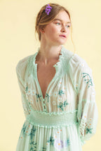 V-Neck Long Sleeve Embroidery Maxi Dress