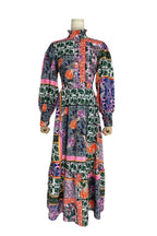 Patchwork Print Stand Collar Lantern Sleeve Midi Dress