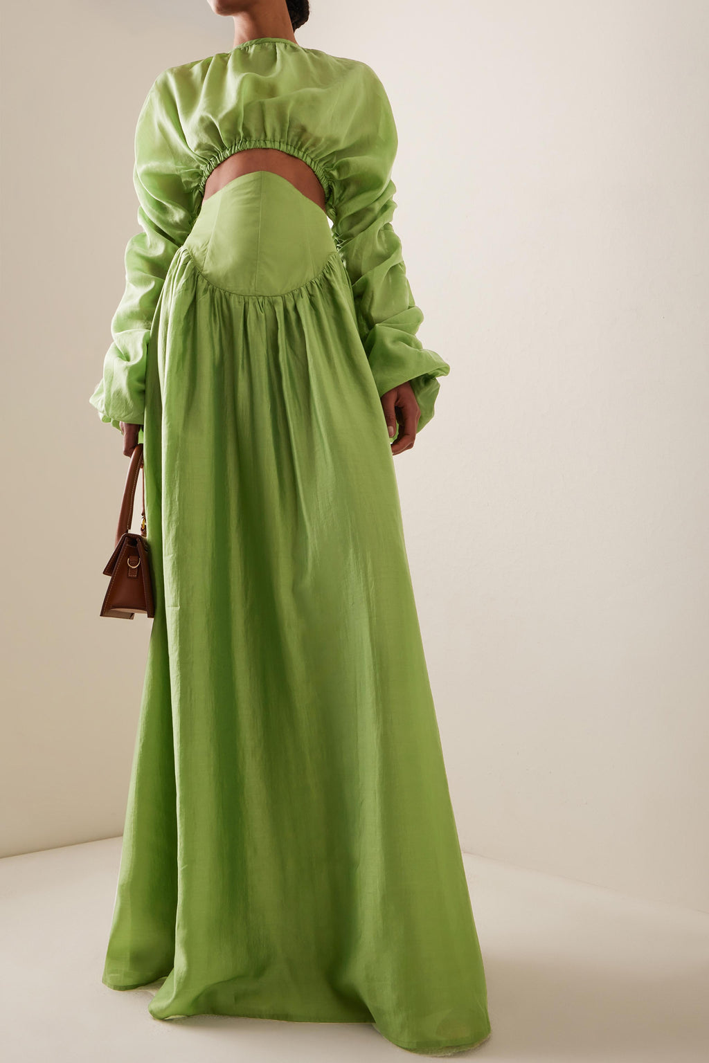 Round Neck Long Sleeve Gathering Top & Solid Maxi Skirt Set