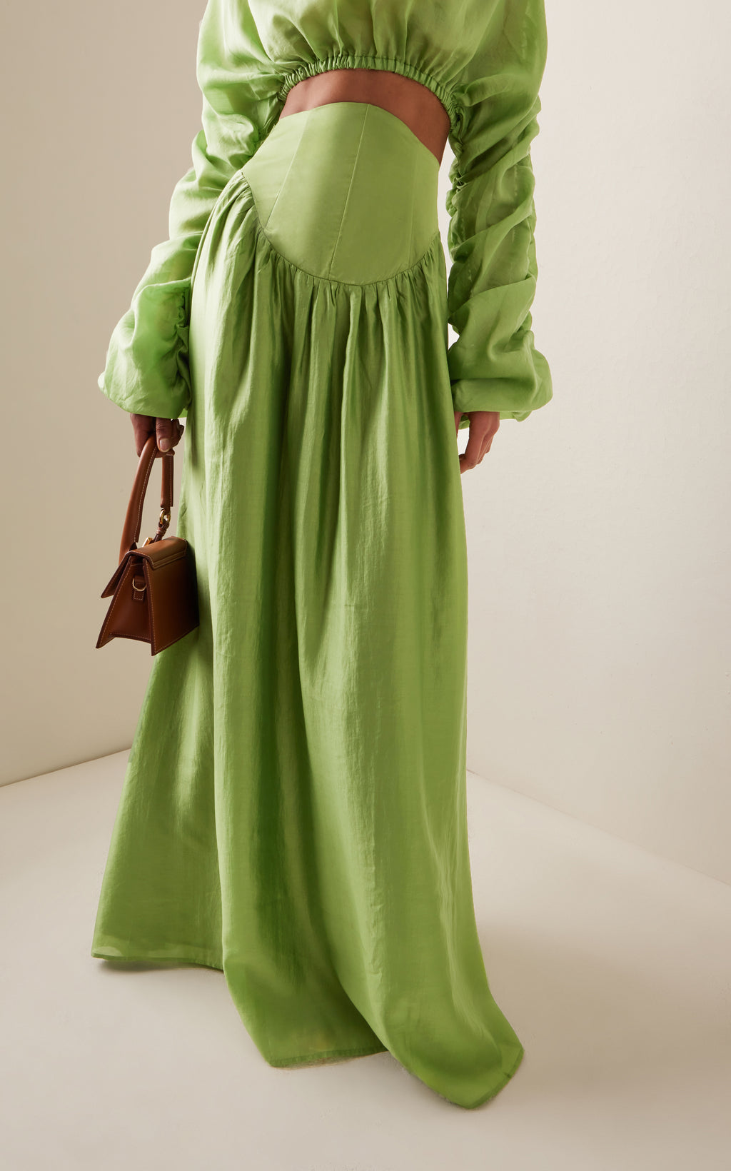 Round Neck Long Sleeve Gathering Top & Solid Maxi Skirt Set