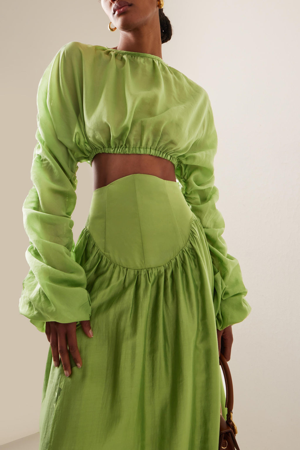 Round Neck Long Sleeve Gathering Top & Solid Maxi Skirt Set