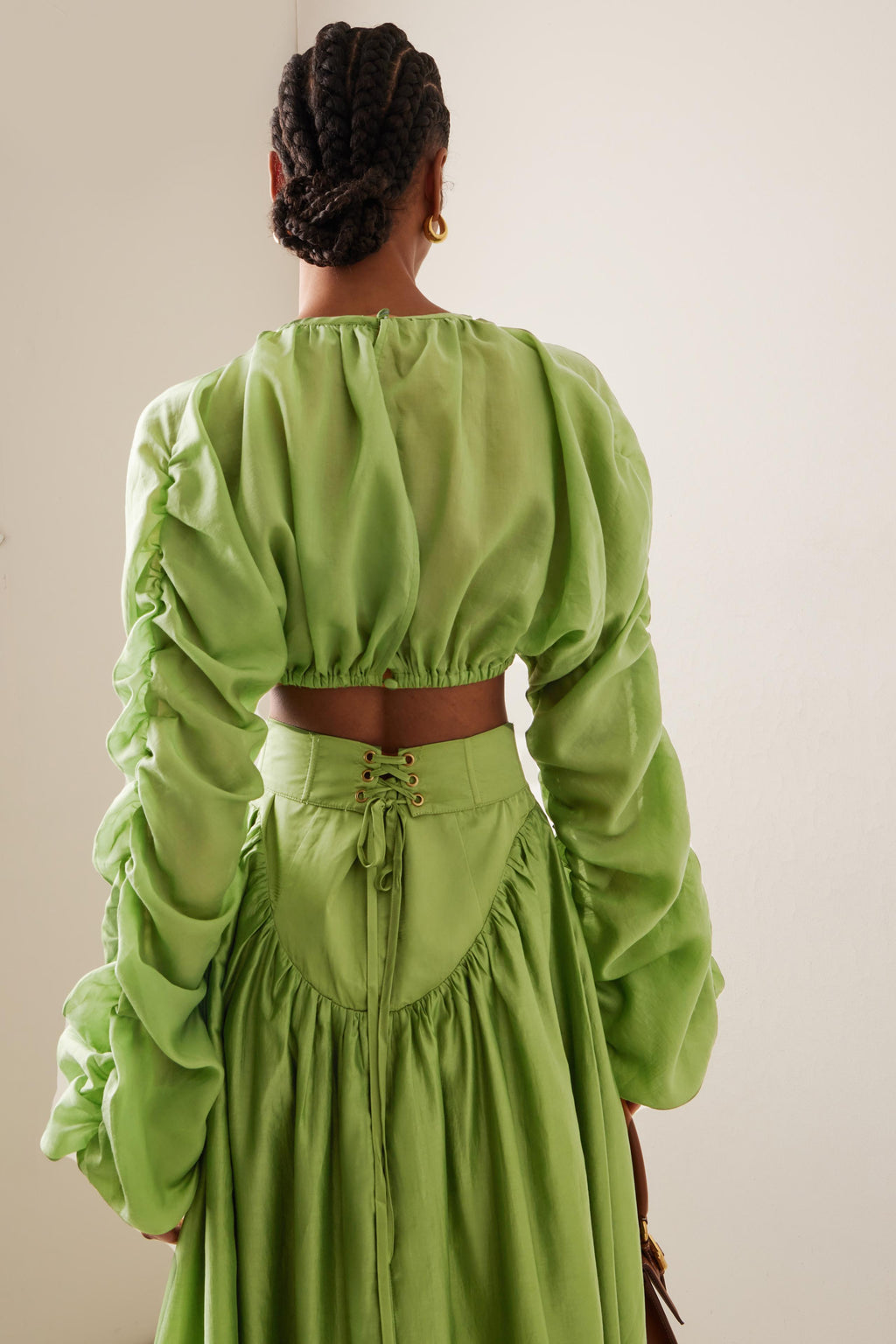 Round Neck Long Sleeve Gathering Top & Solid Maxi Skirt Set