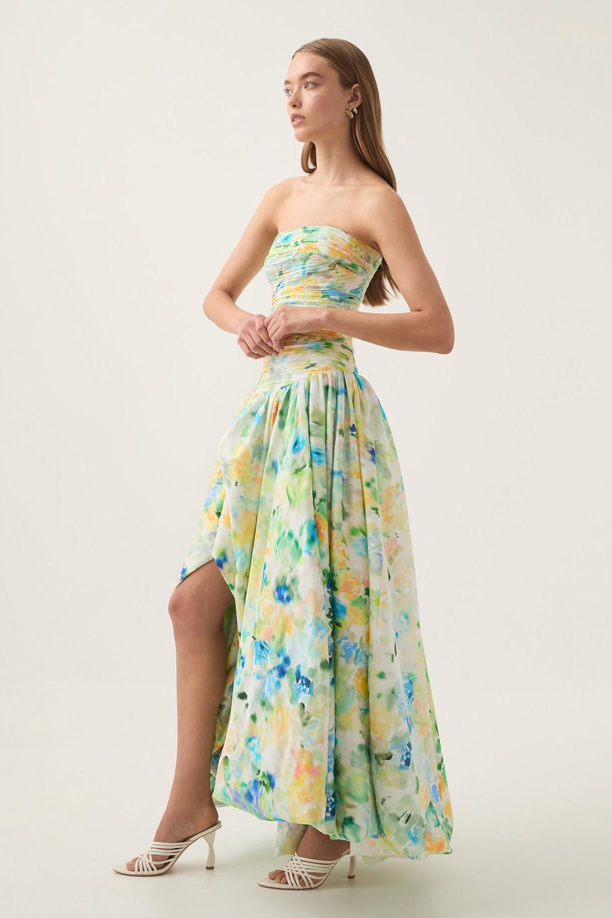 Tie Dye Pleat Split Maxi Dress