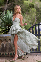 Floral Faux Pearl Halter Neck Split Maxi Dress