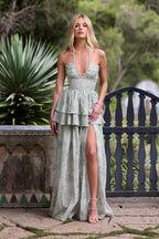 Floral Faux Pearl Halter Neck Split Maxi Dress