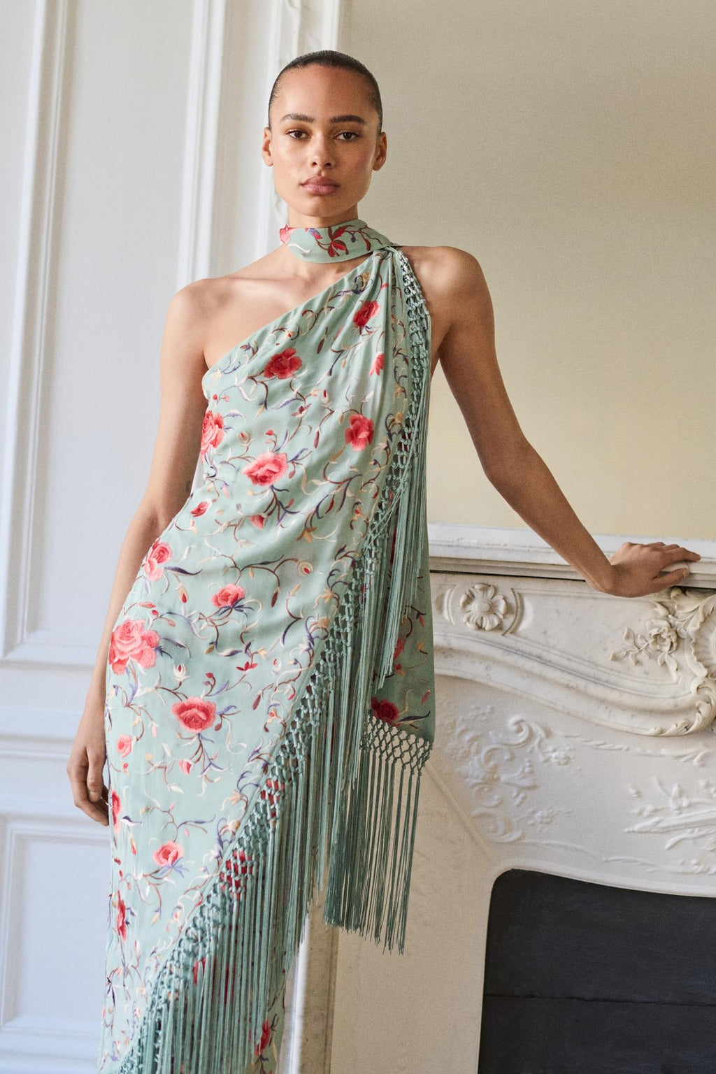 Floral Tassel Halter Neck Satin Midi Dress