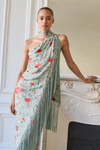 Floral Tassel Halter Neck Satin Midi Dress