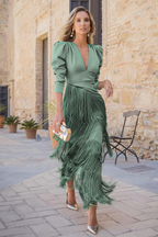 Tassel Ruched Long Sleeve Midi Dress