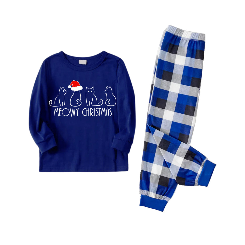 White Cute Head Christmas Hat Cat Pattern Blue Long Sleeves with Blue&White&Black Plaid Pants Family Matching Pajamas