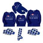 White Cute Head Christmas Hat Cat Pattern Blue Long Sleeves with Blue&White&Black Plaid Pants Family Matching Pajamas