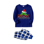 "Merry Christmas" Letter Print 2024 Green Elf Cartoon Pattern Contrast Navy Blue Long Sleeve with Blue and White Plaid Pants Family Matching Pajamas