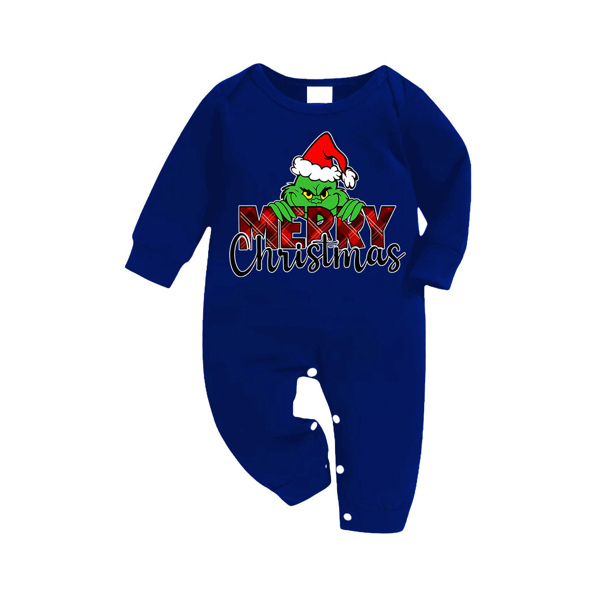 "Merry Christmas" Letter Print 2024 Green Elf Cartoon Pattern Contrast Navy Blue Long Sleeve with Blue and White Plaid Pants Family Matching Pajamas