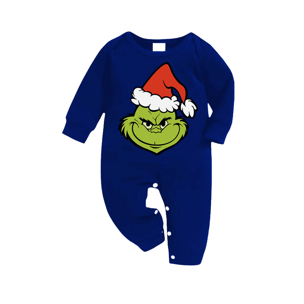 2024 Smile Green Elf Cartoon Pattern Contrast Navy Blue Long Sleeve with Blue&Black&White Plaid Pants Family Matching Pajamas