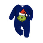 2024 Smile Green Elf Cartoon Pattern Contrast Navy Blue Long Sleeve with Blue&Black&White Plaid Pants Family Matching Pajamas