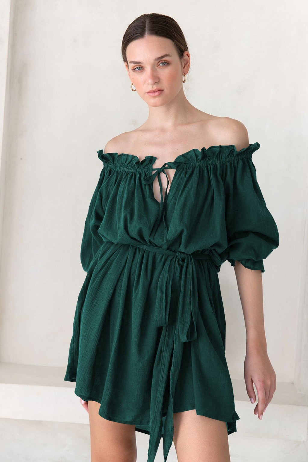 Off-Shoulder Lace Up Puff Sleeve Ruched Mini Dress