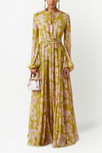 Floral Lace Up Puff Sleeve Maxi Dress