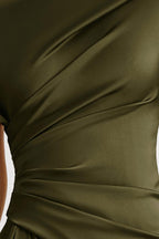 Satin Asymmetrical Neckline Draped Maxi Dress