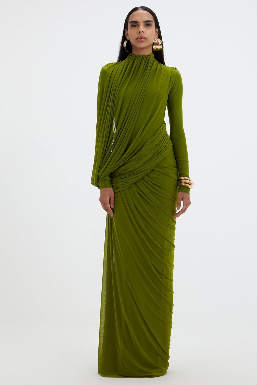 Mesh Gathering Long Sleeve Maxi Dress