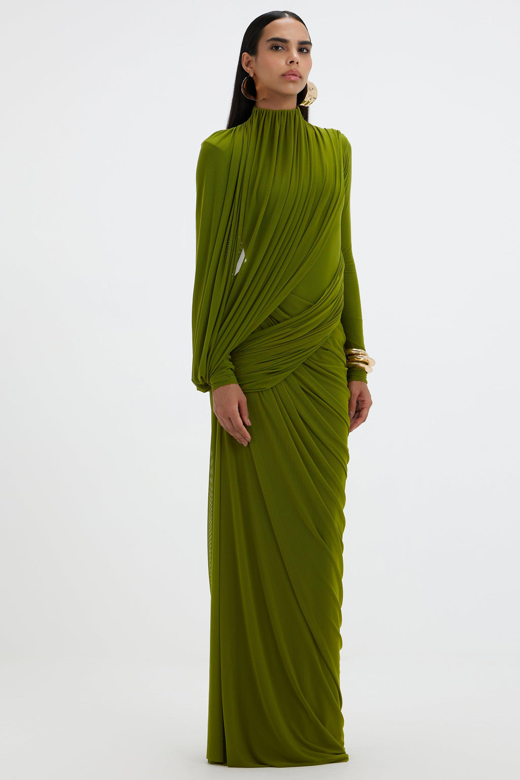 Mesh Gathering Long Sleeve Maxi Dress