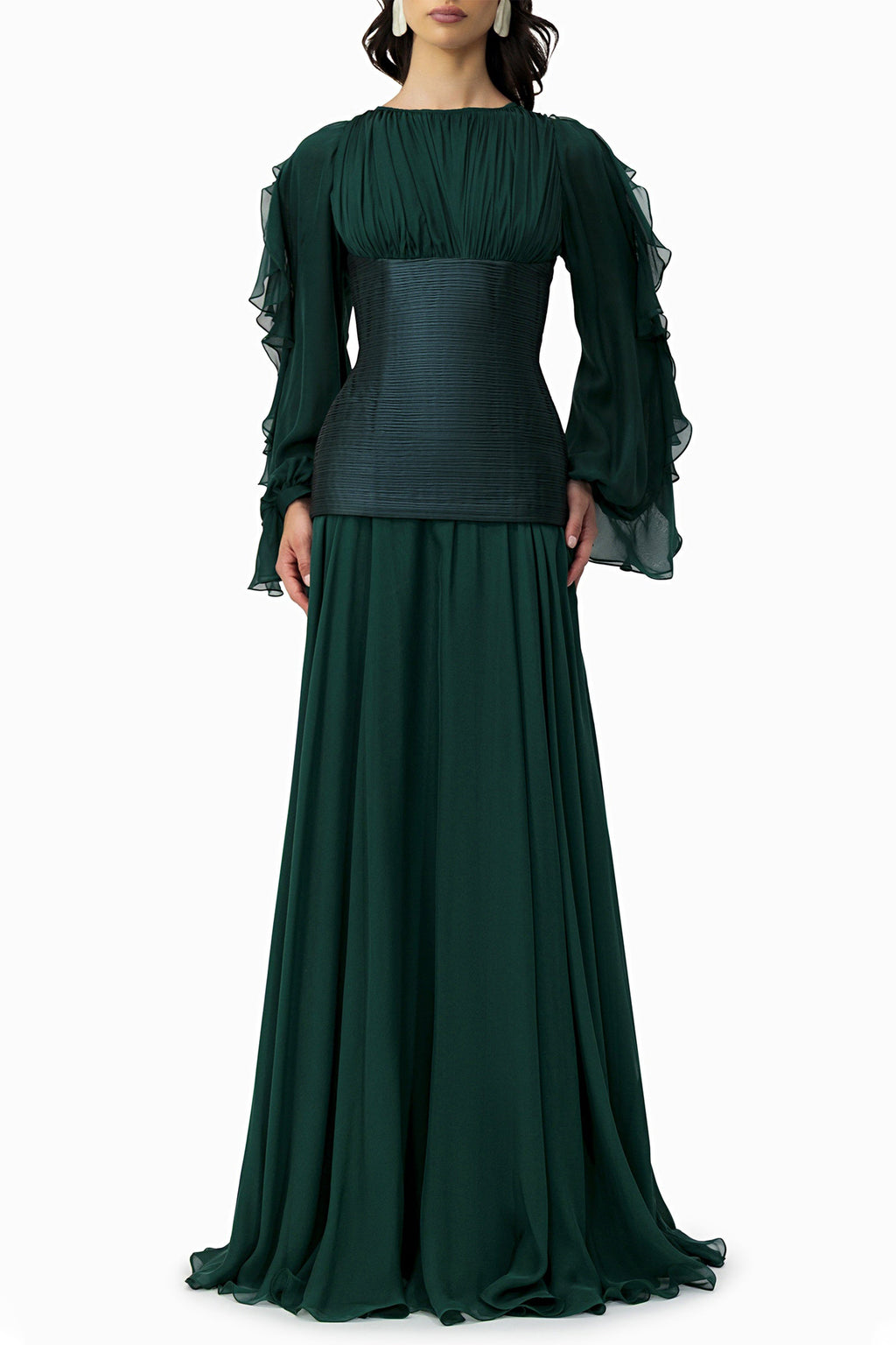 Chiffon Ruched Ruffle Maxi Dress