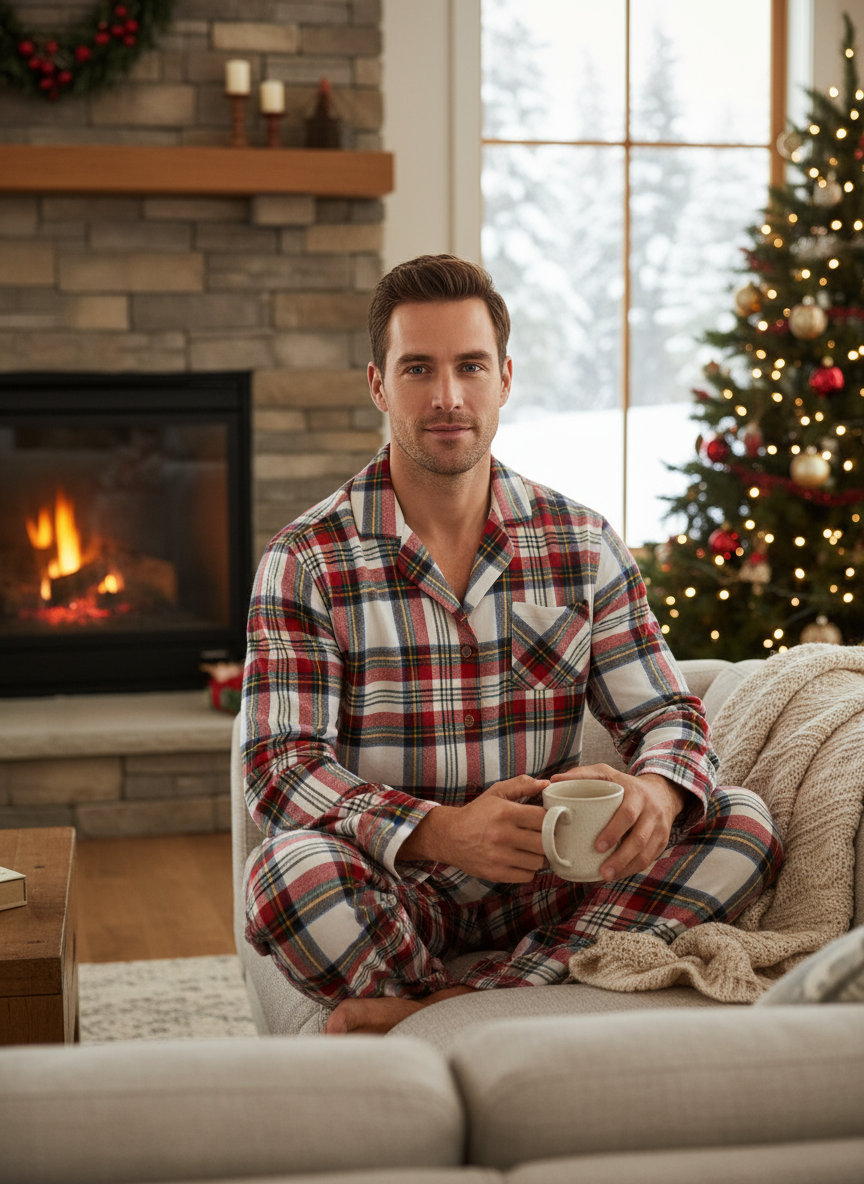 Holiday Couple Red Plaid Button-Front Christmas Pajamas Set