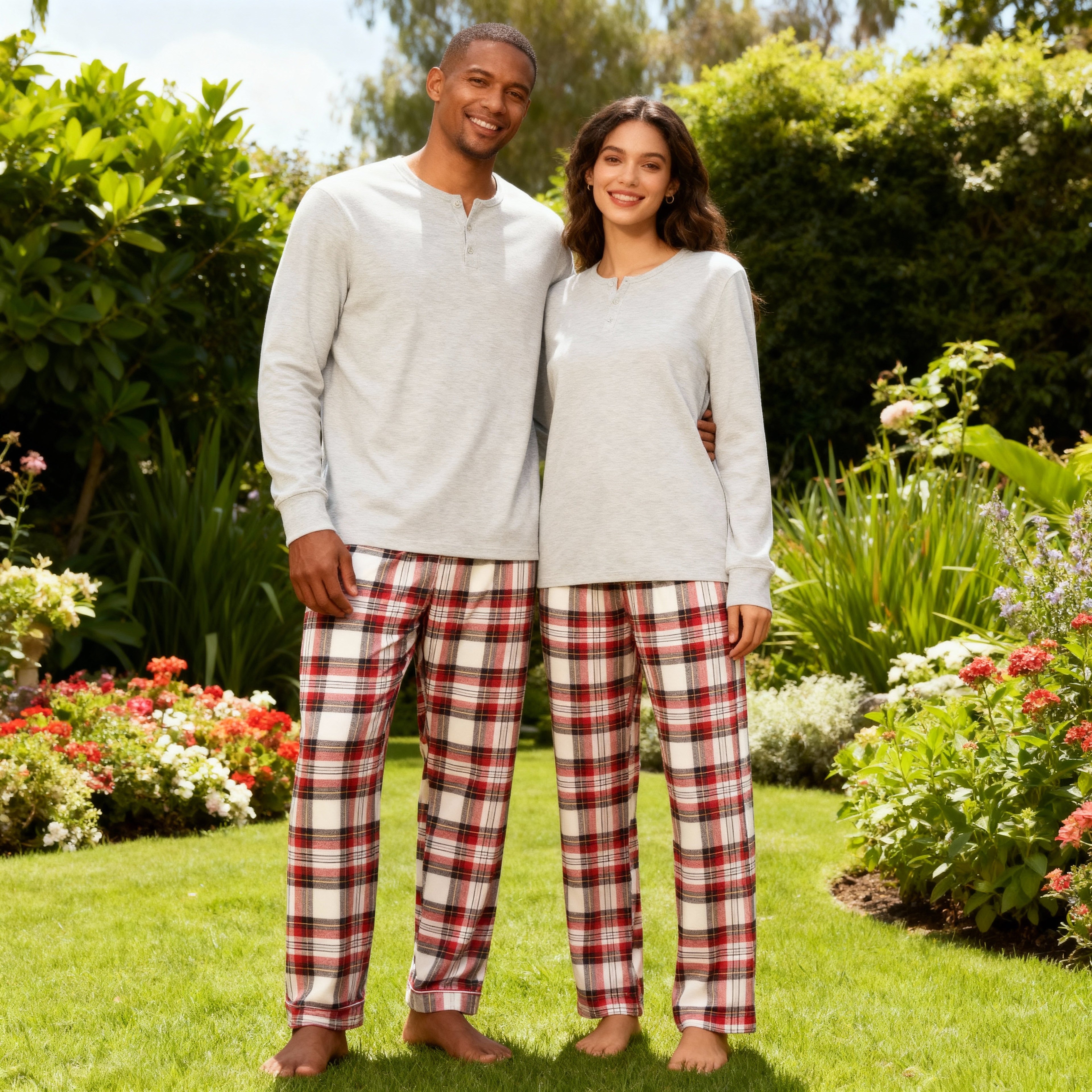 Family Matching Pajama Set – Gray Button-Neck Tee & Red Plaid Pants