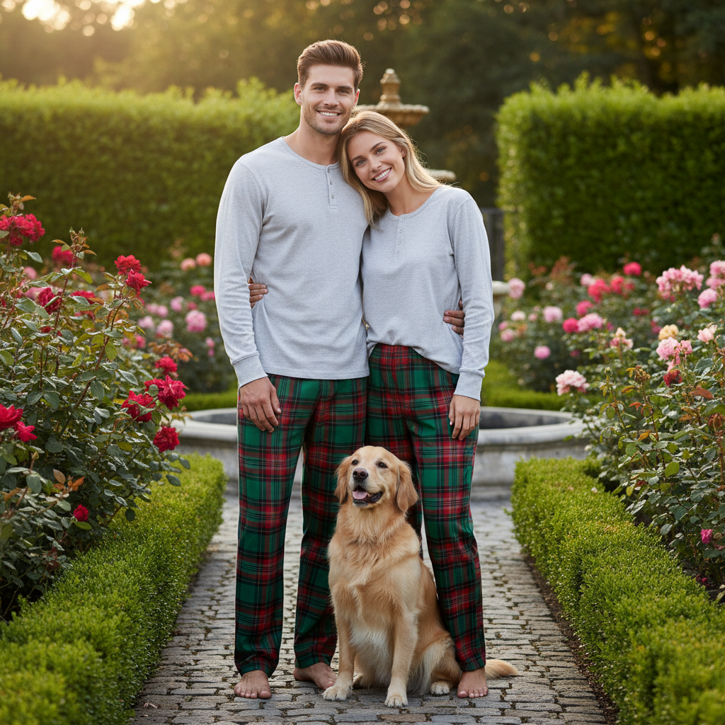 Family Matching Pajama Set – Gray Button-Neck Tee & Green Plaid Pants