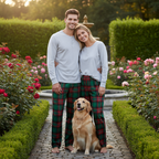 Family Matching Pajama Set – Gray Button-Neck Tee & Green Plaid Pants
