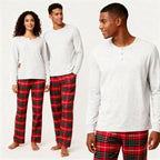 Couple Holiday Pajamas Set –  Button-Front Gray Tee with Plaid Pants