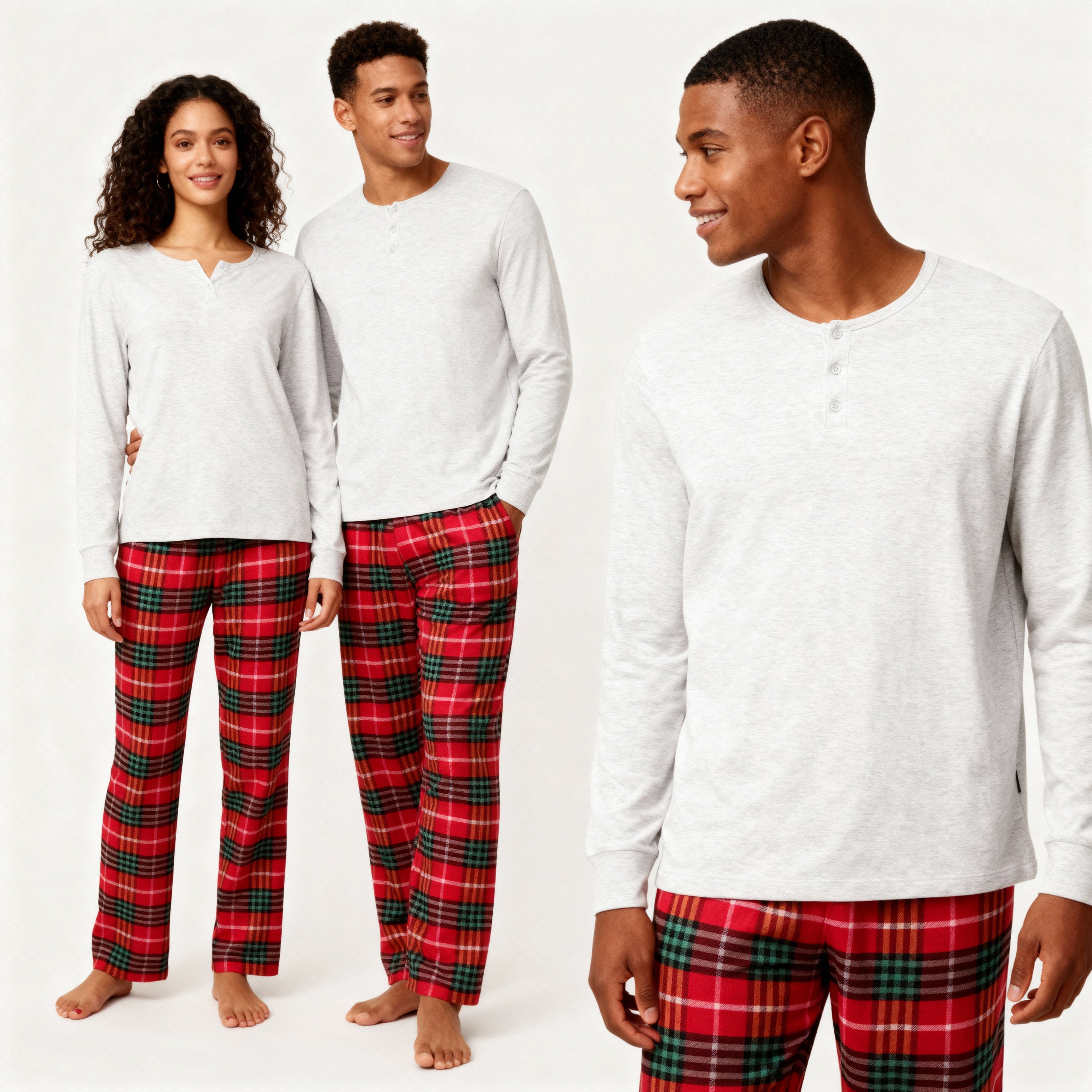 Couple Holiday Pajamas Set –  Button-Front Gray Tee with Plaid Pants