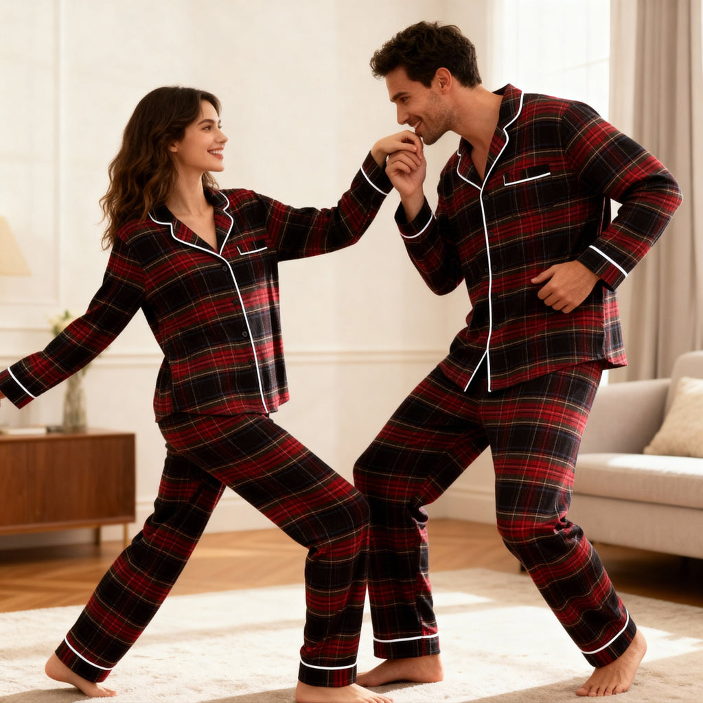 Christmas Red Plaid Button-Front Family Pajamas Sets