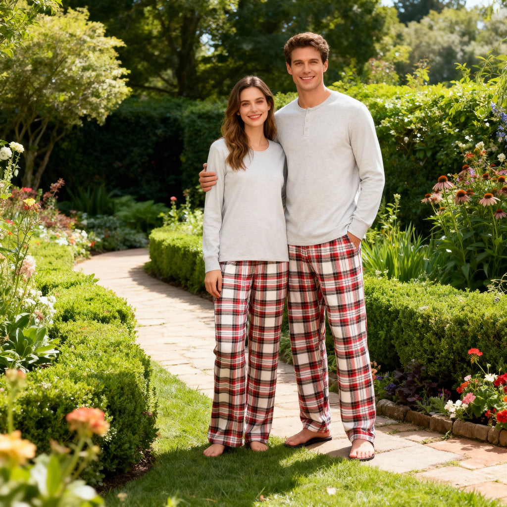 Family Matching Pajama Set – Gray Button-Neck Tee & Red Plaid Pants