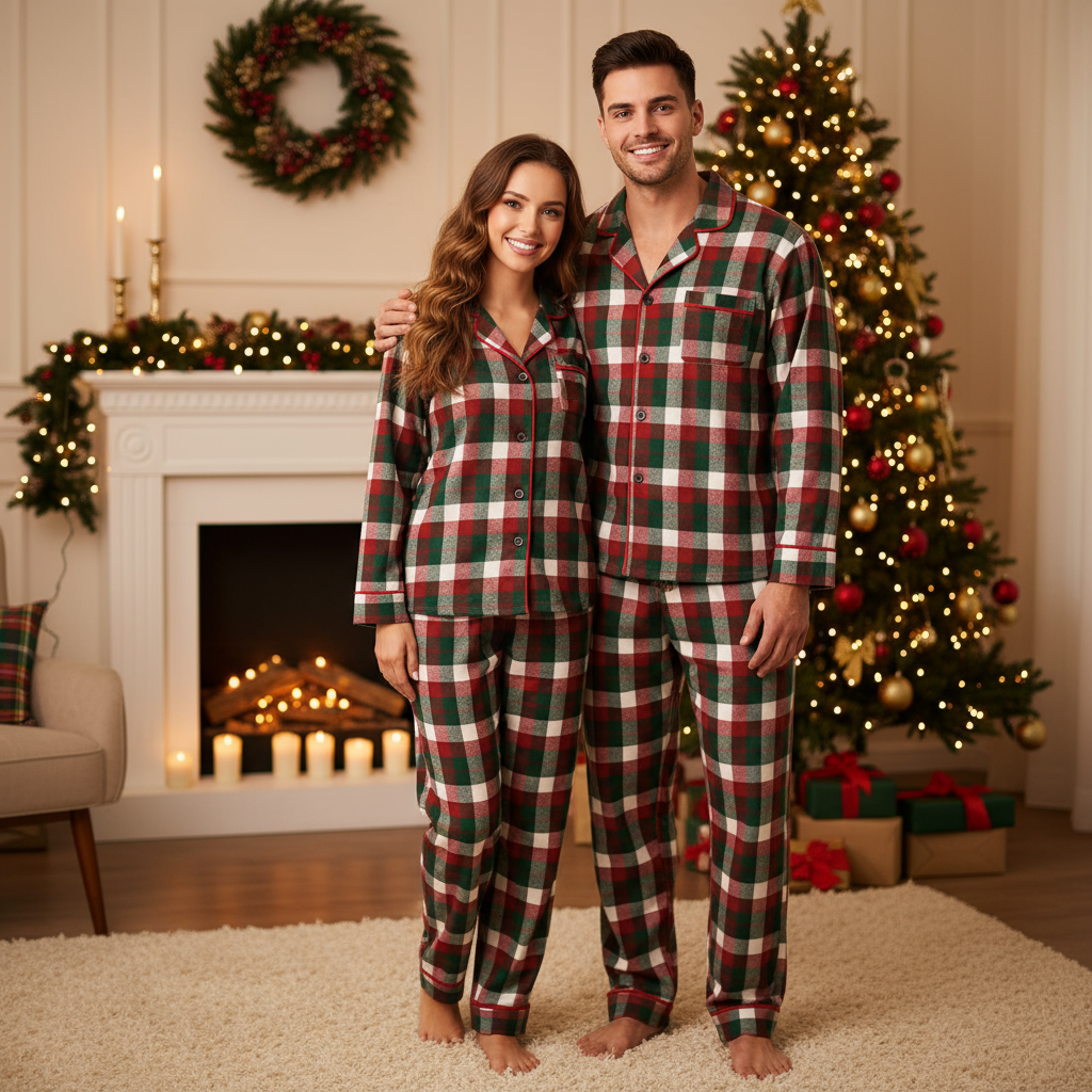 Couple Matching Sleepwear Green Red Plaid Christmas Pajamas Set