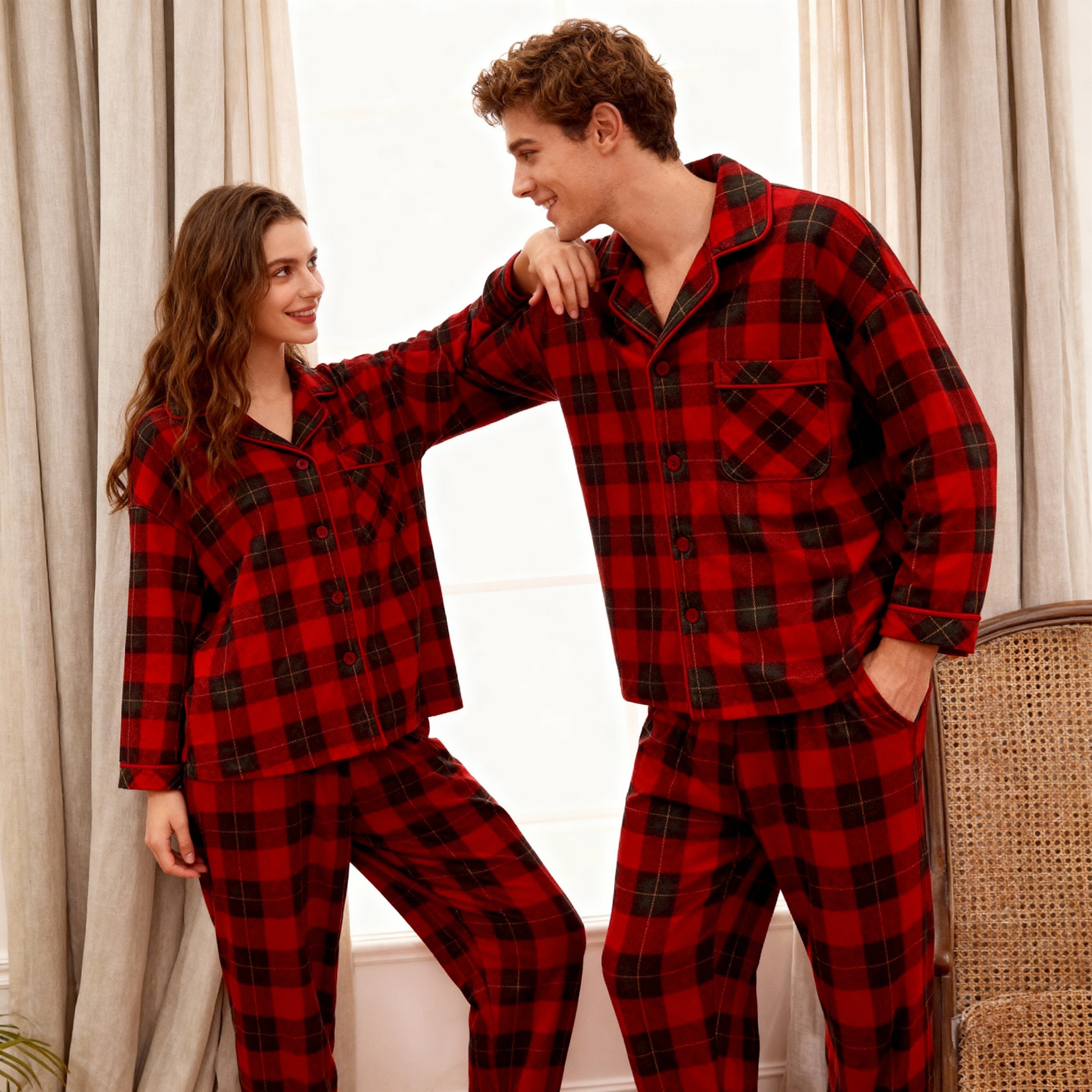 Red and Green Plaid Couple Button Up Long-sleeve Pajamas Sets