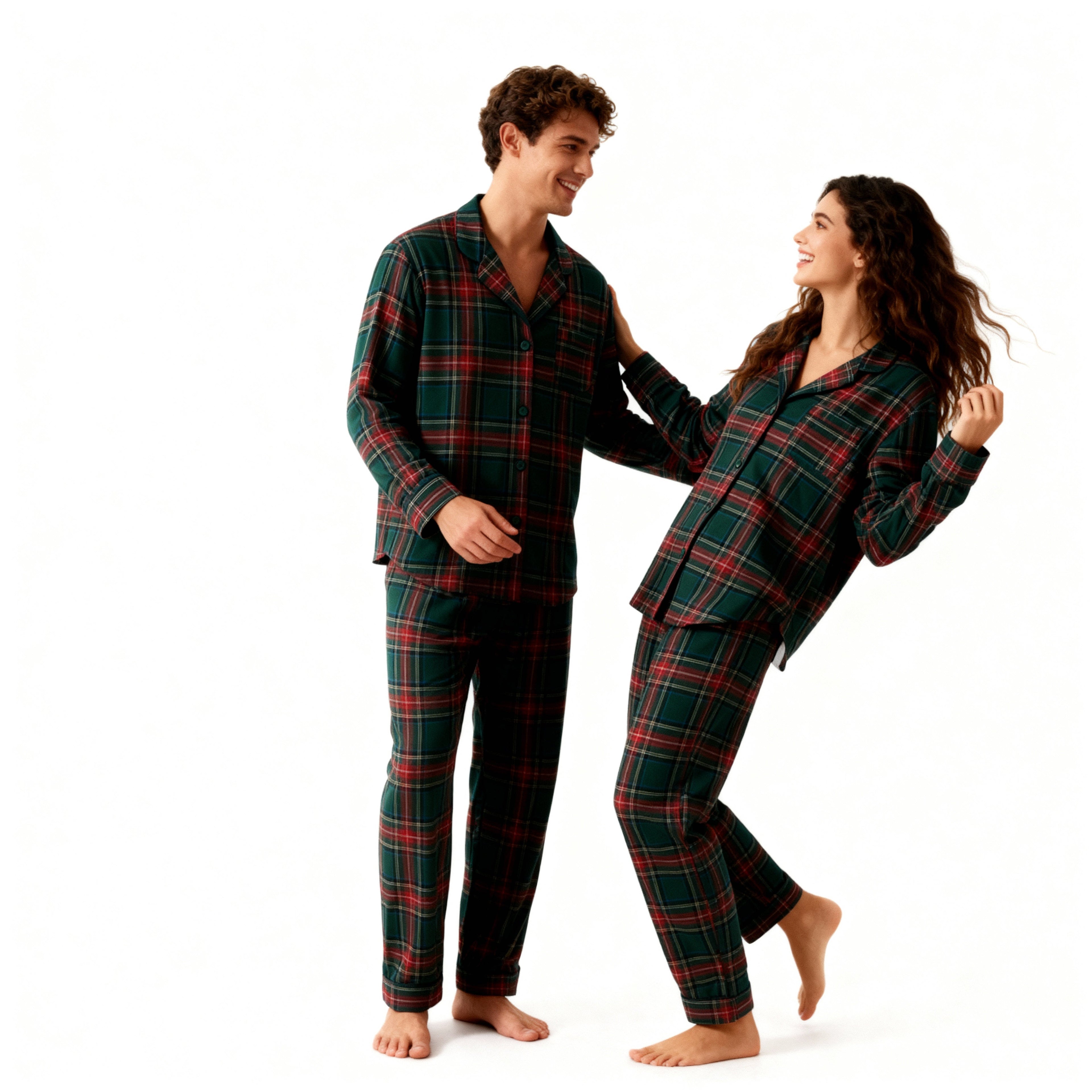 Couple Green Red Plaid Button-Front Pajamas Sets