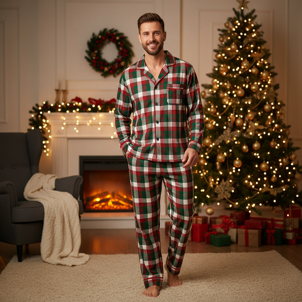 Couple Matching Sleepwear Green Red Plaid Christmas Pajamas Set