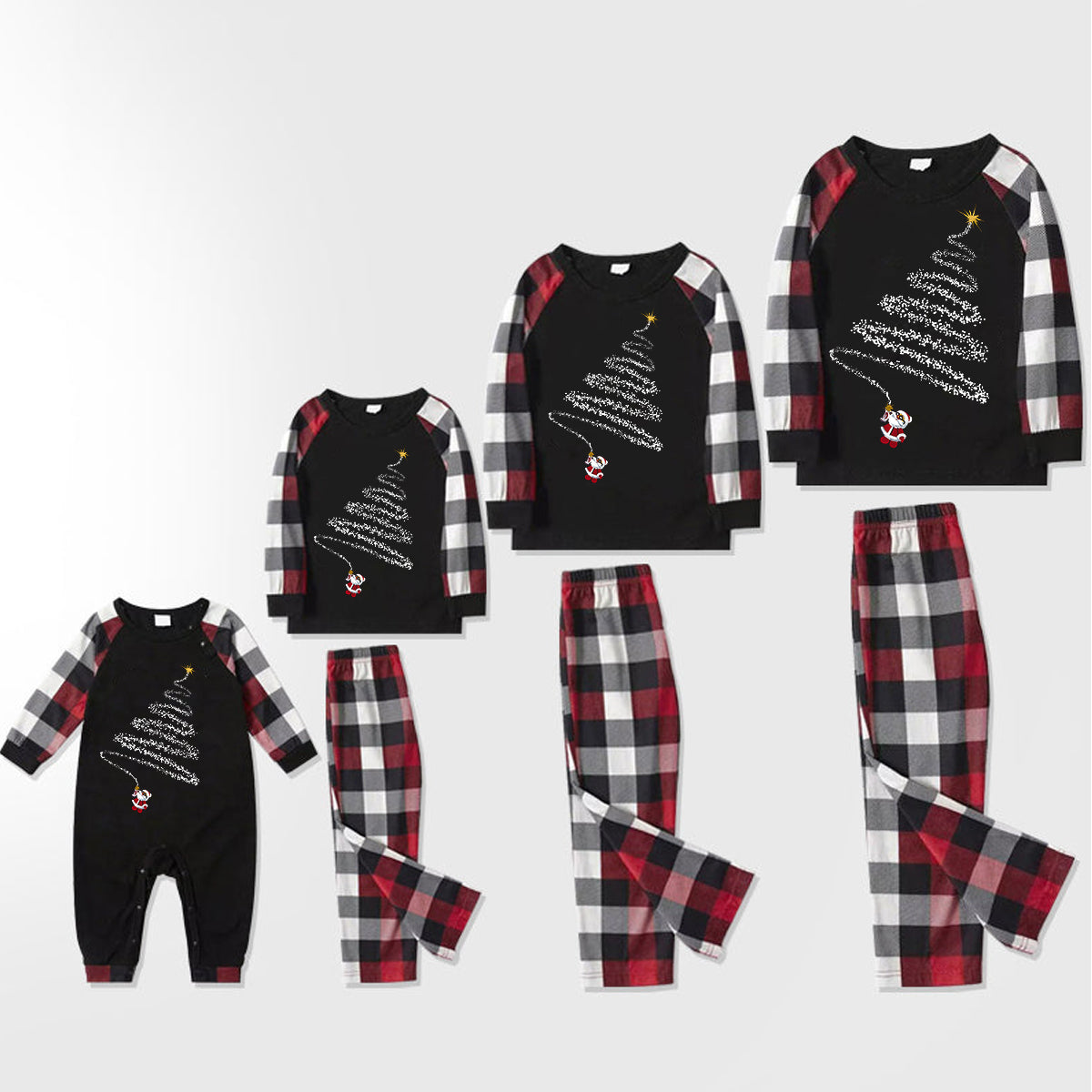 Christmas Hat and ‘Believe“ Letter Print Patterned Plaid Sleeve Contrast Tops and Red & Black & White Plaid Pants Family Matching Pajamas Set With Dog Bandana