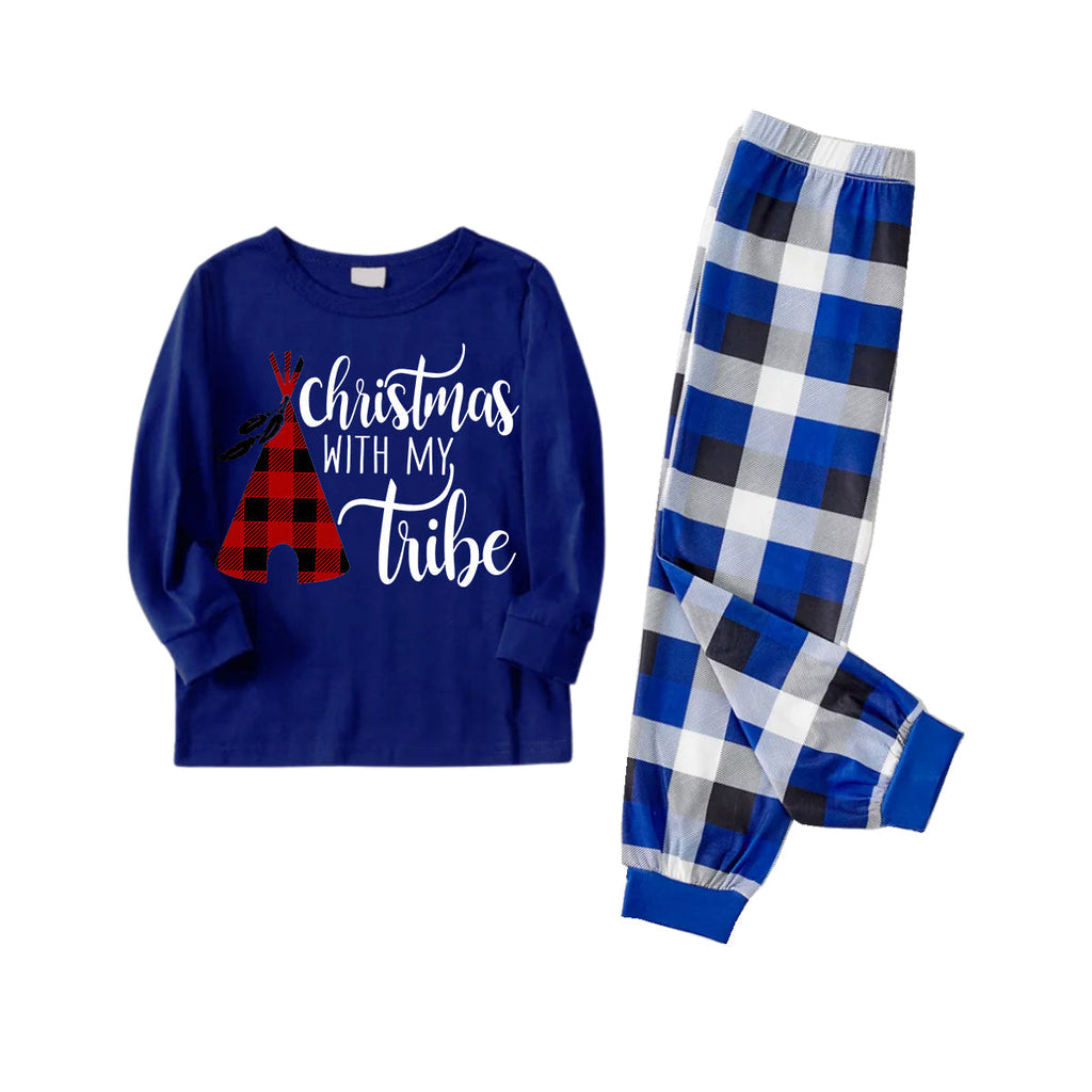 "Christmas With My Tribe"  Pattern Blue Long Sleeves with Blue&White&Black Plaid Pants Couple Matching Pajamas