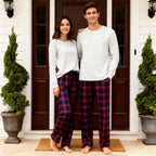 Holiday Pajamas Set for Whole Family –  Button-Front Gray Tee with Red Blue Plaid Pants