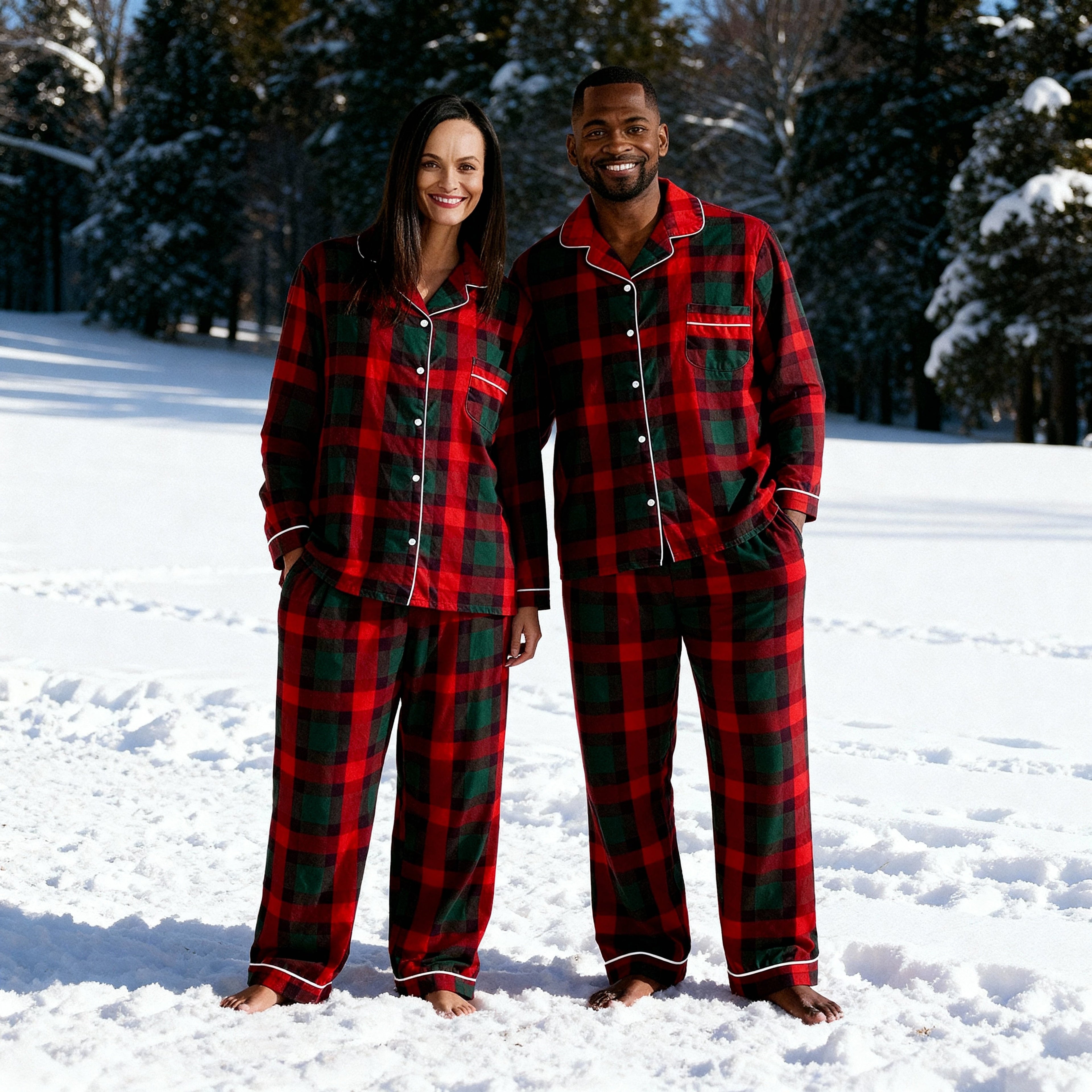 Couple Red and Green Plaid Button Up Pajamas Sets