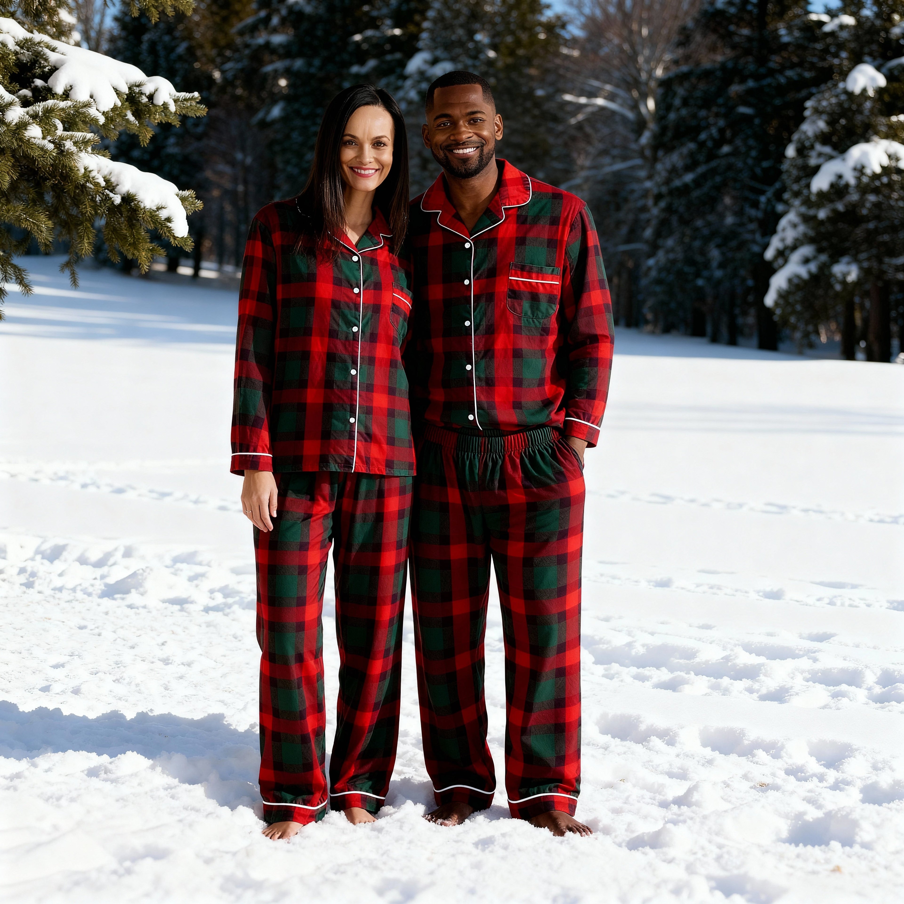 Couple Red and Green Plaid Button Up Pajamas Sets