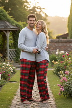 Holiday Pajamas Set for Whole Family –  Button-Front Gray Tee with Plaid Pants