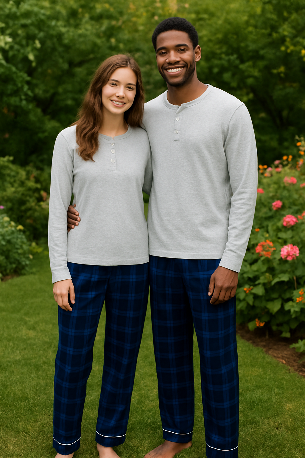 Family Matching Pajama Set – Gray Button-Neck Tee & Plaid Pants