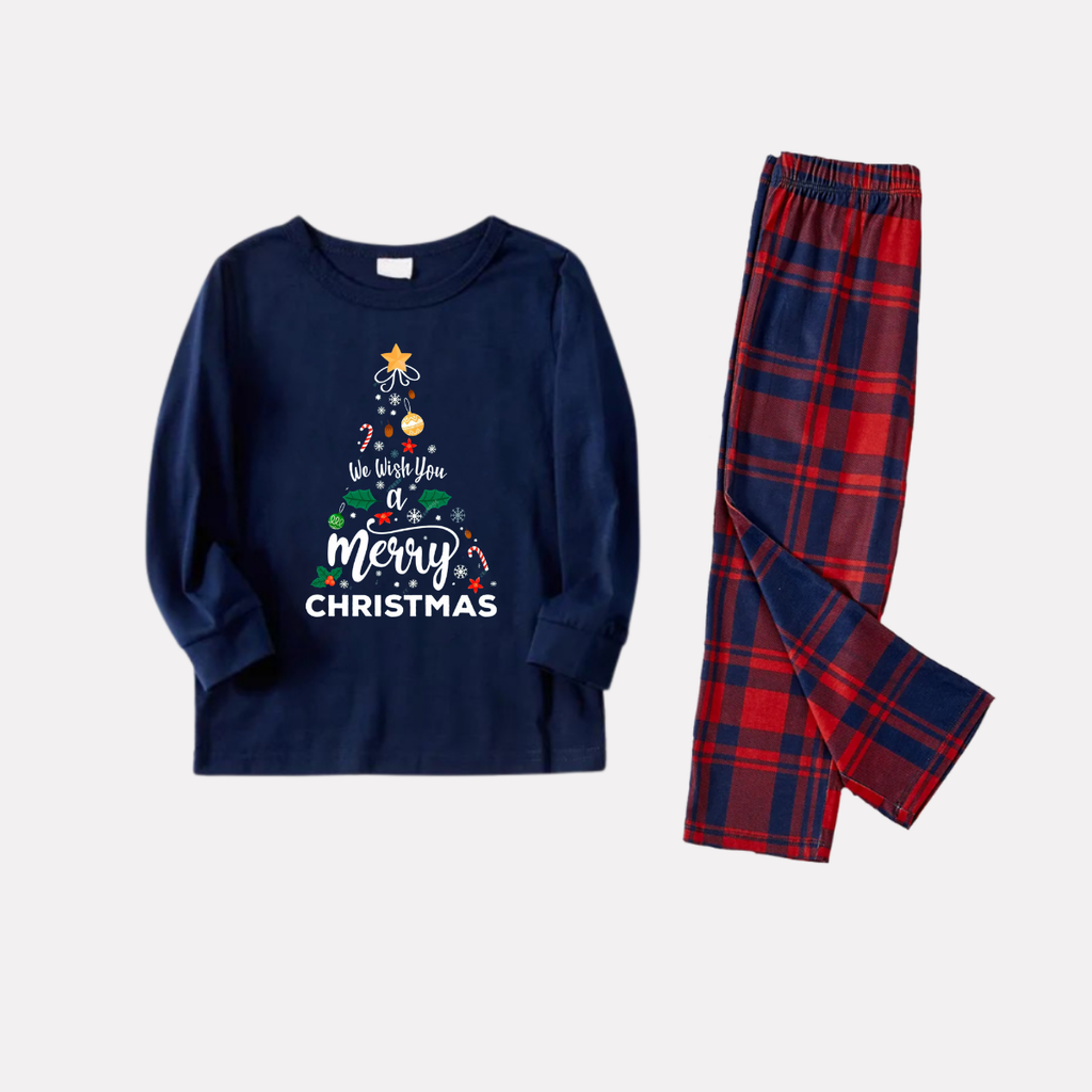 "We Wish You a Merry Christmas" Printed Blue Long Sleeve Top With Blue & Red Plaid Couple Matching Pajamas