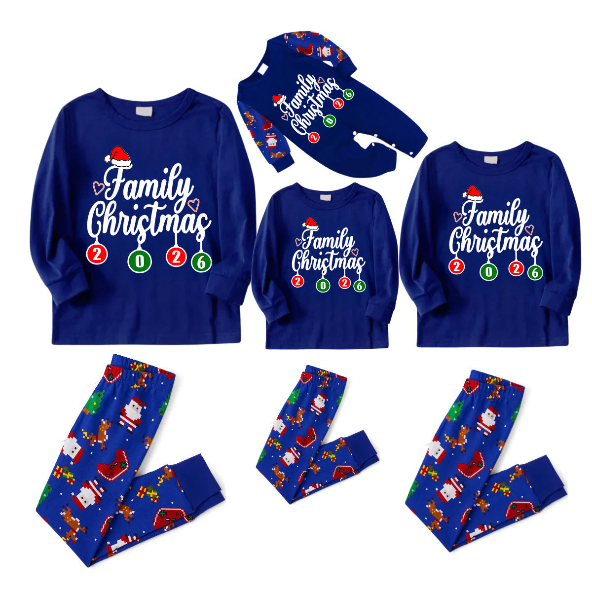 Family Christmas 2026 Pajamas Set - Blue Top / Santa Print Pants