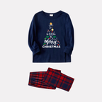 "We Wish You a Merry Christmas" Printed Blue Long Sleeve Top With Blue & Red Plaid Couple Matching Pajamas
