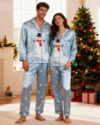 Holiday Couple Button-Up Sky Blue Satin Christmas Pajamas Set