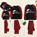 Christmas ”Ho Ho Ho“ Letter Print Santa Claus & Gingerbread & Elk Patterned Contrast Black top and Black & Red Plaid Pants Family Matching Pajamas Set With Dog Bandana