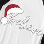 Christmas Hat and ‘Believe“ Letter Print Patterned Black Sleeve Contrast Tops and and Black and Green Plaid Pants Family Matching Pajamas Sets With Dog Bandana