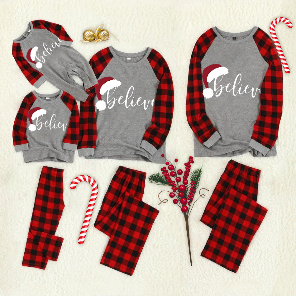 Christmas Hat and 'Believe“ Letter Print Grey Contrast top and Plaid Pants Family Matching Pajamas Set With Dog Bandana
